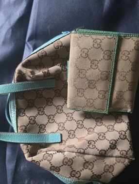 Gucci Brown GG Canvas Tote with Teal Trim and Matching Wallet